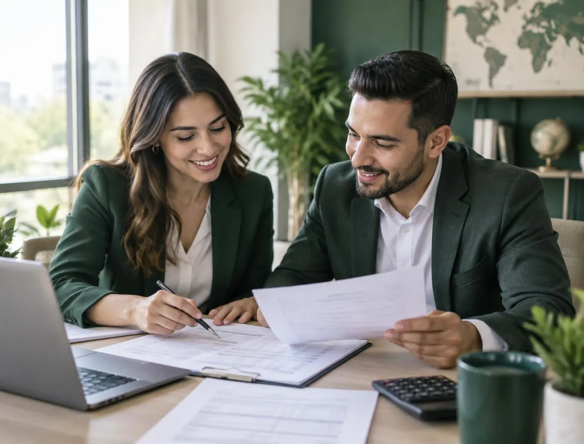 Two bilingual accountants reviewing tax documents together at a desk